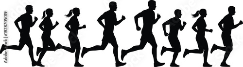 Running people silhouette set, men and women jogging sprinting exercise fitness training isolated vector illustration on white background