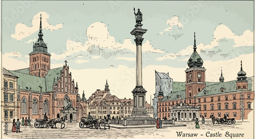 Ilustración vintage de la Plaza del Castillo de Varsovia con la Columna de Segismundo y edificios históricos, mostrando la vida urbana.