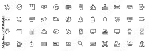 Cyber Monday icon set. Vector illustration pack with shopping cart, discount, calendar, delivery, payment, barcode, coupon, sale and more. Editable stroke.