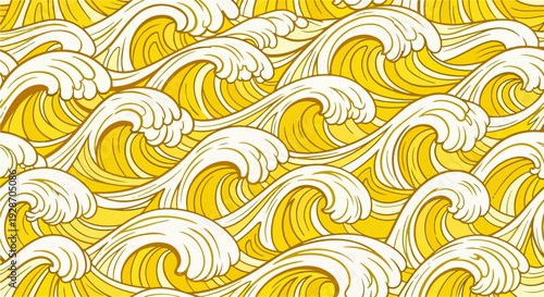 Patrón sin costuras de olas marinas estilizadas en tonos amarillos y blancos, evocando la estética tradicional japonesa Ukiyo-e.