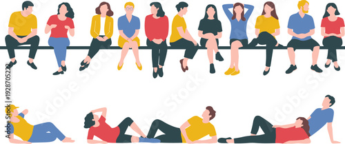 Flat vector illustration of diverse group of people in casual clothing sitting and lying together, relaxed social interaction, community leisure design, diversity lifestyle concept