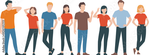 Flat vector illustration of diverse group of eight people standing in row, casual clothing, distinct poses, teamwork, community, social interaction, lifestyle design concept