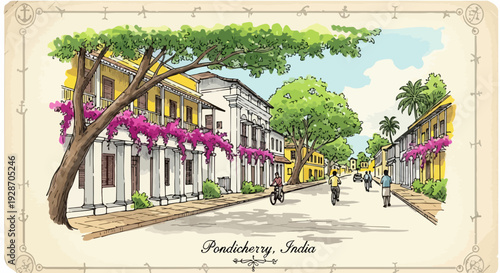 Ilustración detallada de una vibrante calle colonial en Pondicherry, India, con edificios coloridos, árboles floridos y personas paseando bajo el sol.