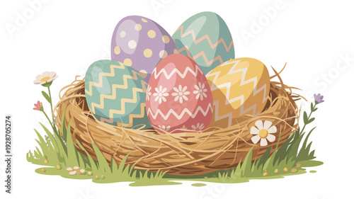 Easter nest with painted eggs.