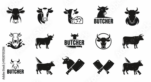 Colección de iconos vectoriales en blanco y negro de cabezas de vaca, toros y herramientas de carnicería, ideal para la industria cárnica y láctea.