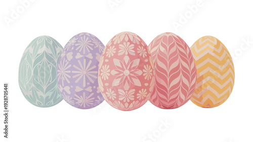 Decorative Easter eggs with various intricate patterns displayed.