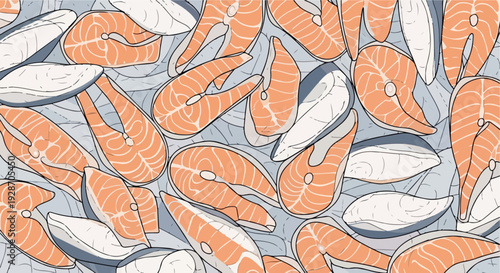 Ilustración vectorial de filetes de salmón fresco y rodajas de pescado blanco sobre un fondo azul claro, ideal para conceptos de cocina marina y alimentación saludable.