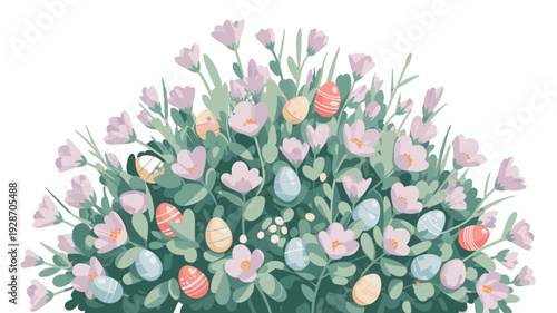 An eye-catching easter bush filled with pastel-colored eggs and flowers.