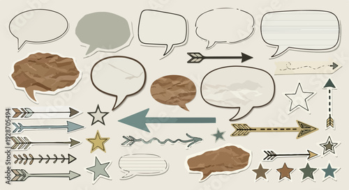 Colección de burbujas de diálogo, flechas y estrellas dibujadas a mano con textura de papel, ideal para diseños creativos y comunicación visual.