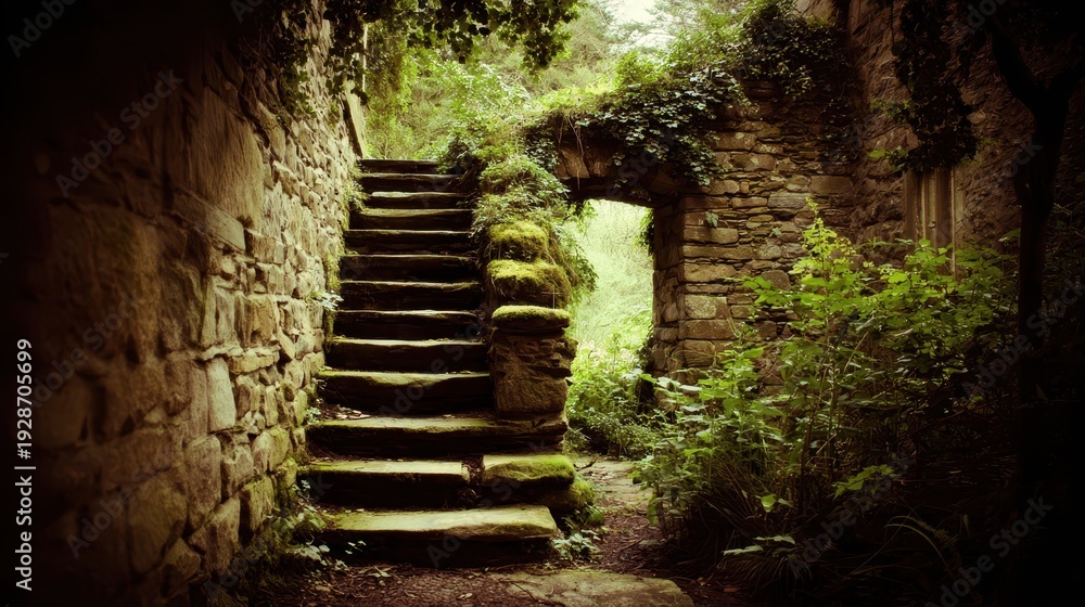 Fototapeta premium Stone steps leading down into overgrown ruins.
