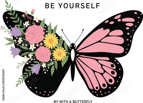 Floral butterfly illustration with motivational text “Be Yourself,” combining nature and symmetry for self-expression, inspiration, and decorative design themes.