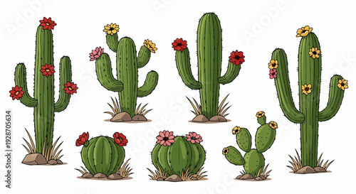Conjunto vectorial de diversos cactus floreciendo con coloridas flores rojas, amarillas y rosas, ideal para temas desérticos.