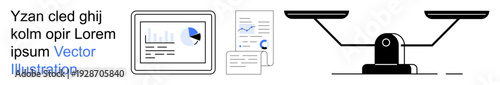 Data analytics, finance, business strategy, equality, decision-making, reporting. Graphs and charts next to balanced scales. Data analytics and equality concept
