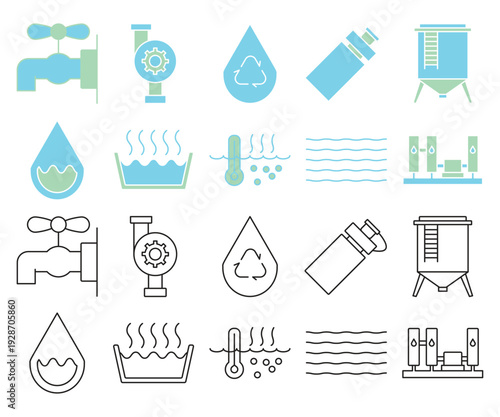 Sustainable Water Management Illustration Pack, Water Treatment and Filtration Icon Set