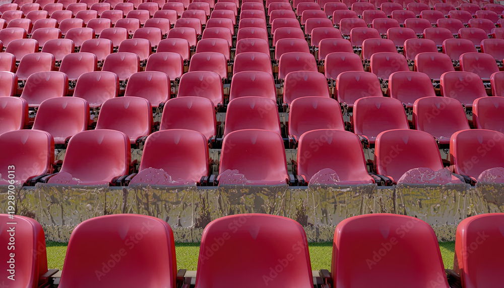 Naklejka premium Numerous empty spectator seats arranged in steep rows create a stadium backdrop.