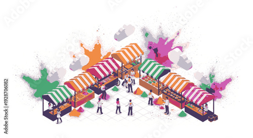 Vibrant street food market with colorful stalls and people on a white background