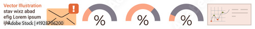 Business analytics, email alerts, data visualization, communication, progress monitoring, email marketing. Envelope with notification icon, percentage gauges and a data chart. Business analytics