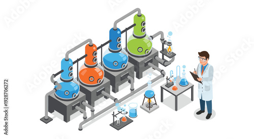 An isometric view shows a scientist observing a large-scale chemical processing plant with multiple colorful vats and lab glassware.