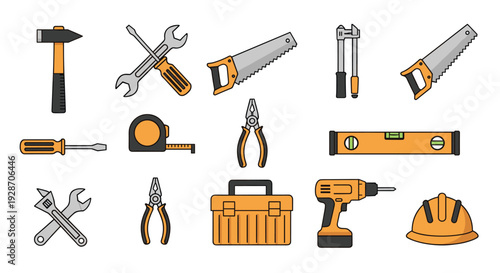 A diverse group of professional tools, including a hammer, saws, wrenches, screwdrivers, pliers, a drill, and a toolbox, is displayed on a white background.