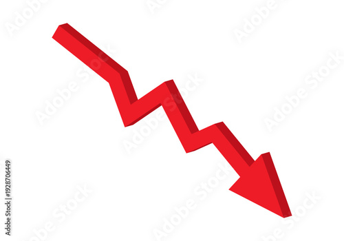 3D Red Downward Arrow Vector, Zigzag Financial Loss Graph Element, Stock Market Crash and Economic Recession Symbol, Negative Trend and Crisis Illustration isolated on White Background