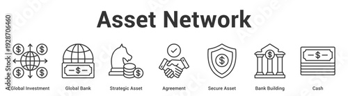 Asset Network web banner icon set vector illustration concept for business with icon of Global Investment, Global Bank, Strategic Asset, Agreement, Secure Asset, B.