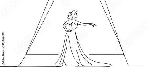 Hand drawn woman in long dress performing a theatrical role on stage. Vector illustration on the topic of professions. one line art icon drawing vector