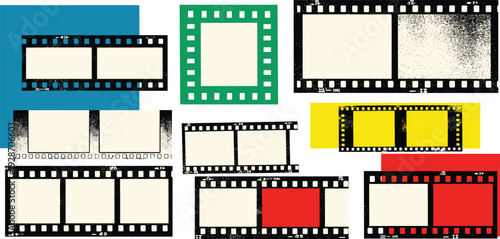 Collection of assorted film strips and frames displayed on a clean surface from a straightforward viewpoint