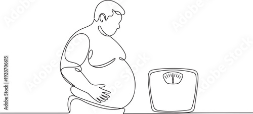 Overweight man holding his stomach. Scales show a large indicator. World Obesity Day Europe. one line art icon drawing vector