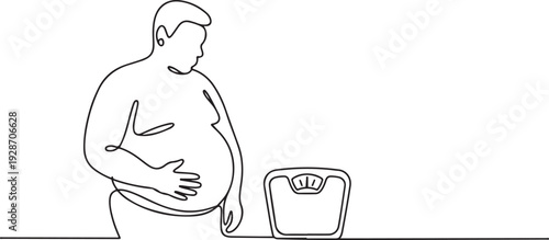 Overweight man holding his stomach. Scales show a large indicator. World Obesity Day Europe. one line art icon drawing vector