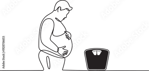 Overweight man holding his stomach. Scales show a large indicator. World Obesity Day Europe. one line art icon drawing vector