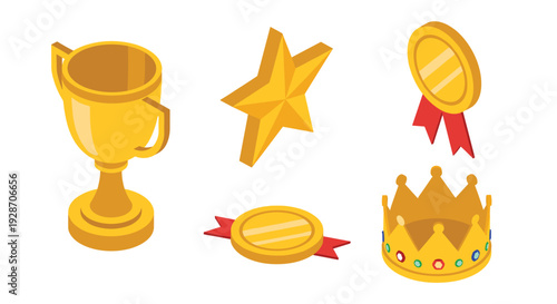 A collection of golden isometric awards, including a trophy cup, a star, two medals, and a royal crown, is displayed on a white background.