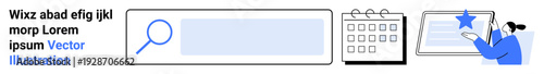 Digital design, user interface, online search, productivity, scheduling software, productivity tools. Search bar, calendar and person interacting with screen. Digital design and user interface