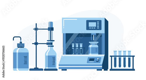 Various modern scientific instruments and laboratory equipment, displayed in a cool blue color palette, sit on a clean white background.