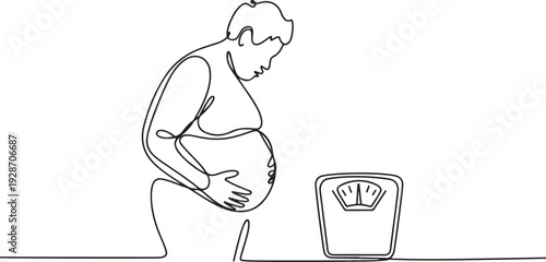Overweight man holding his stomach. Scales show a large indicator. World Obesity Day Europe. one line art icon drawing vector