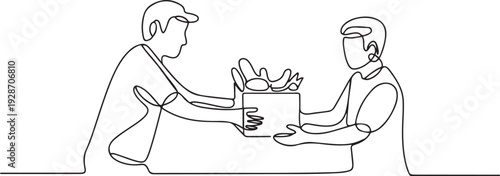 A volunteer gives a box of food to a poor person. Help those in need. one line art icon drawing vector