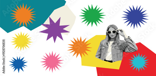 Vibrant abstract shapes surround a woman wearing sunglasses in a dynamic illustration.