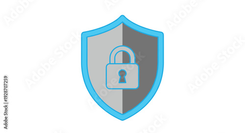 A simple yet effective graphic of a grey security shield featuring a central padlock icon, outlined in a vibrant blue color on a plain white background.