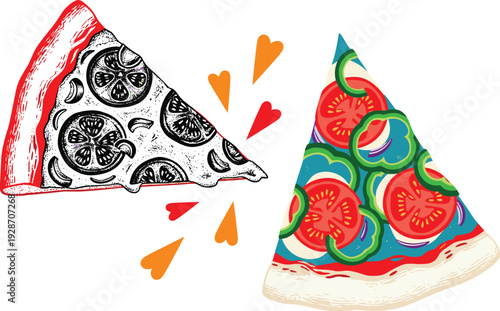 Two slices of pizza, one realistic and one illustrated, with decorative elements and colorful toppings in a playful comparison