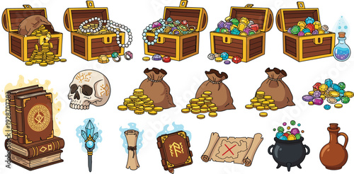 Fantasy treasure and magical items collection with chests, gold, gems, scrolls, potions, books, and mystical artifacts for games, storytelling, adventure illustrations