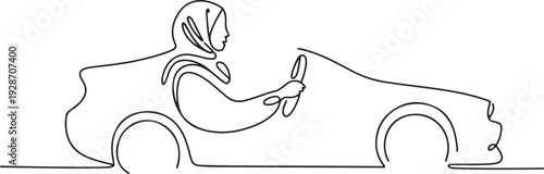 one line continuous painted muslim woman driving a car drawn by hand silhouette picture. one line art icon drawing vector