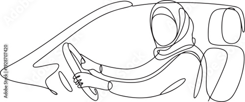 one line continuous painted muslim woman driving a car drawn by hand silhouette picture. one line art icon drawing vector