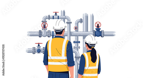 A back view of a male and female engineer in hard hats and safety vests observing a complex industrial pipeline system.