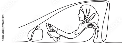 one line continuous painted muslim woman driving a car drawn by hand silhouette picture. one line art icon drawing vector