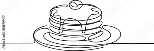 one continuous drawn line of pancakes on plates syrup-drawn hand-drawn picture silhouette. one line art icon drawing vector