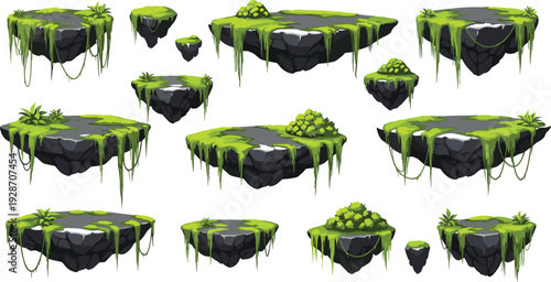 Fantasy floating rock platforms with moss, vines, and vegetation, ideal for game assets, magical terrain design, nature-themed environments, and concept art projects.