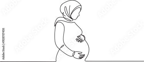 continuous single drawn one line woman Muslim woman pregnant hand-drawn picture silhouette. one line art icon drawing vector