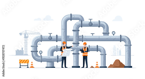 Two male engineers in hard hats and safety vests examining a complex industrial pipeline system with gauges and valves on a construction site.