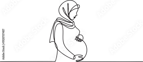 continuous single drawn one line woman Muslim woman pregnant hand-drawn picture silhouette. one line art icon drawing vector