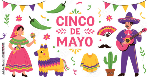 Festive Cinco de Mayo illustration with traditional Mexican characters, cultural symbols, and colorful decorations, perfect for holiday promotions, education, and themed design projects.