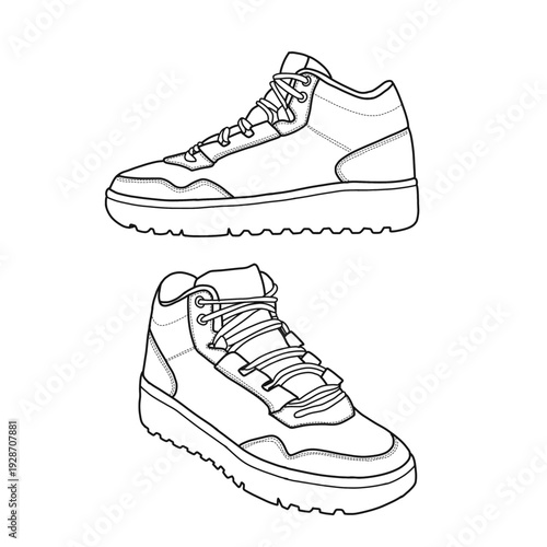 Detailed line drawing of two high-top sneakers. Hand-drawn line art sketch doodle vector sketch illustration, isometric, front and side view. Isolated on a white background